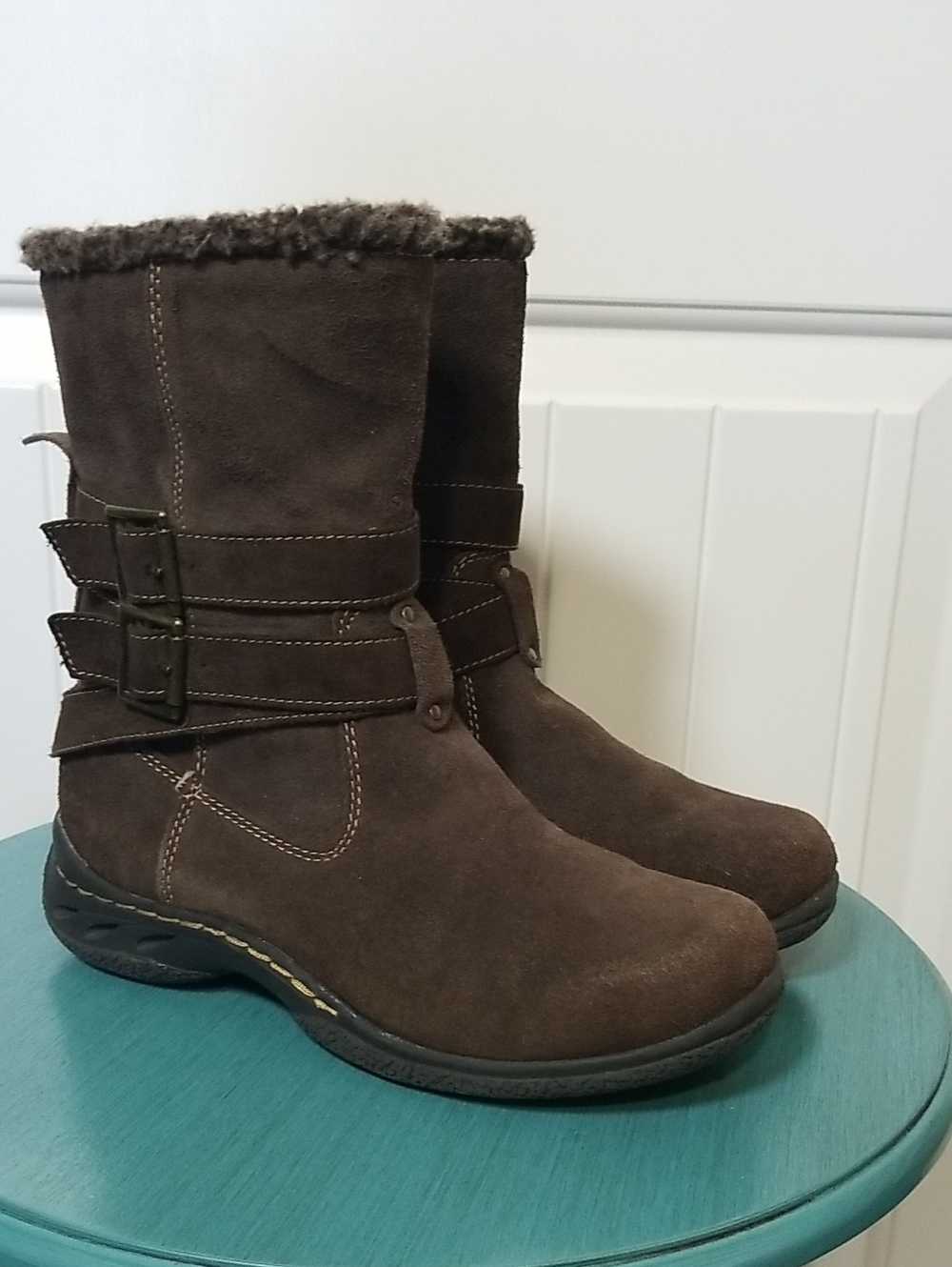 Faded Glory Brown Suede Faux-Fur Trim Winter Boots With Buckles Size 6